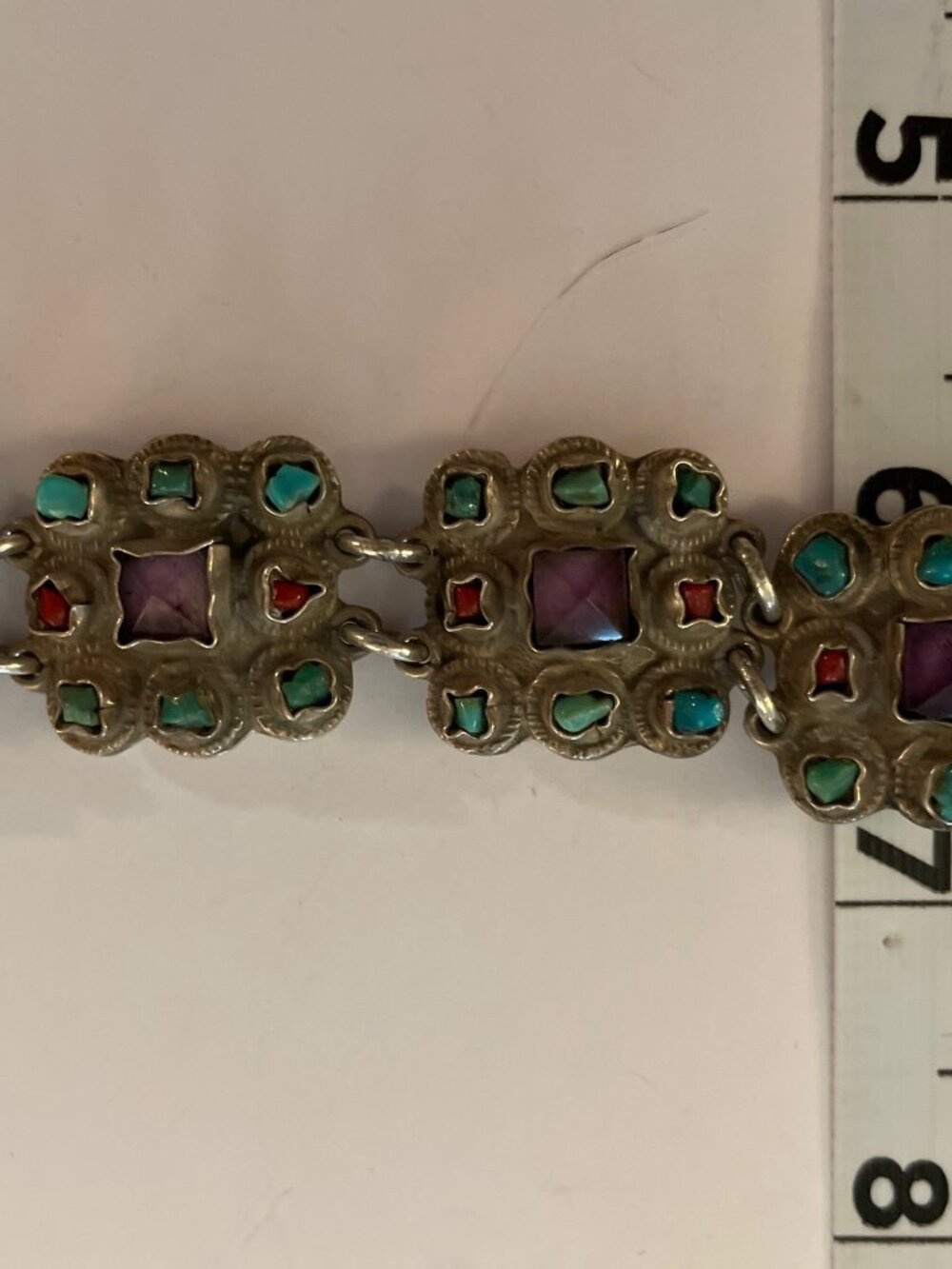 Vintage Sterling Bracelet Taxco MATL TP-102 MEXICO VALLADERES Amethyst Coral - Picture 9 of 14